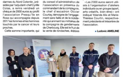 2 000 € remis à Presqu’île en Rose grâce à la solidarité des gendarmes du Nord Cotentin