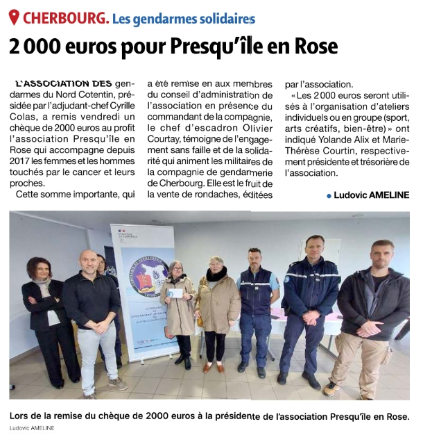 2 000 € remis à Presqu’île en Rose grâce à la solidarité des gendarmes du Nord Cotentin